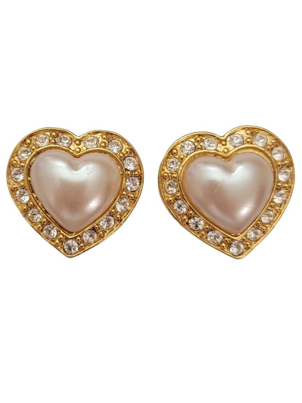 Avon Gold Tone Clear Rhinestone Faux Pearl Heart Shape Clip-On Earrings, E813